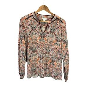 J. Jill Womens Medium Paisley Floral Split Neck Long Sleeve Blouse Velvet Trim